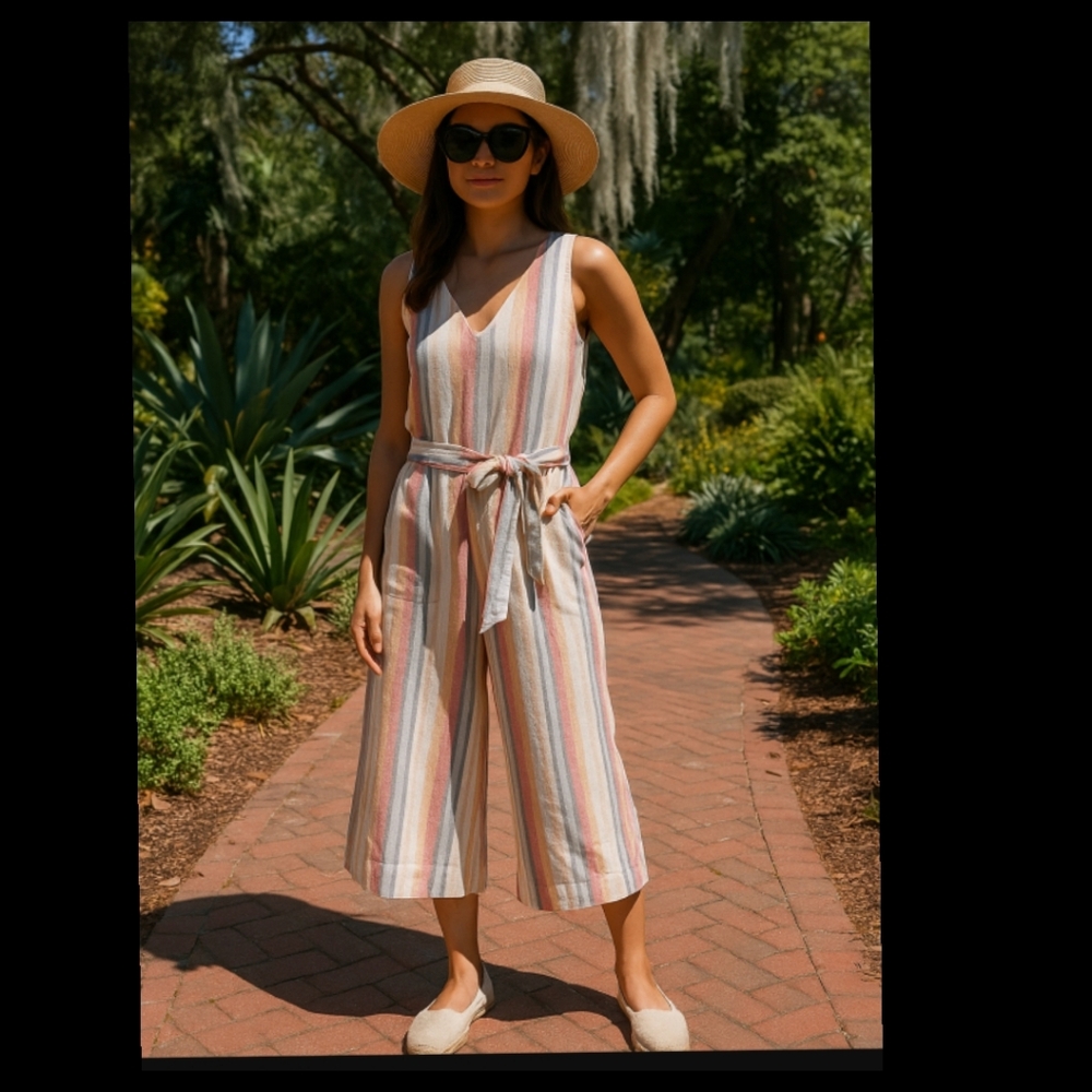 Essential Beach Lunch Lounge Striped Linen Blend Jumpsuit Size XL▪▪